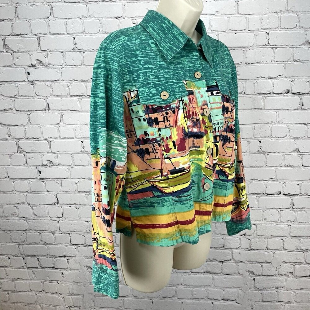 Jane Ashley Green 100% Cotton Sailboat Print Button Up Long Sleeve Size Medium M - Picture 5 of 8